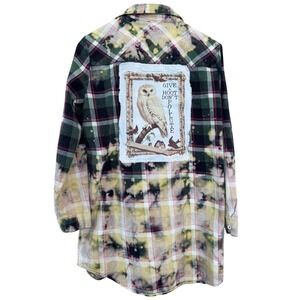 Distressed Flannel Shirt Dress w Owl Save the Planet Patch | Women's L